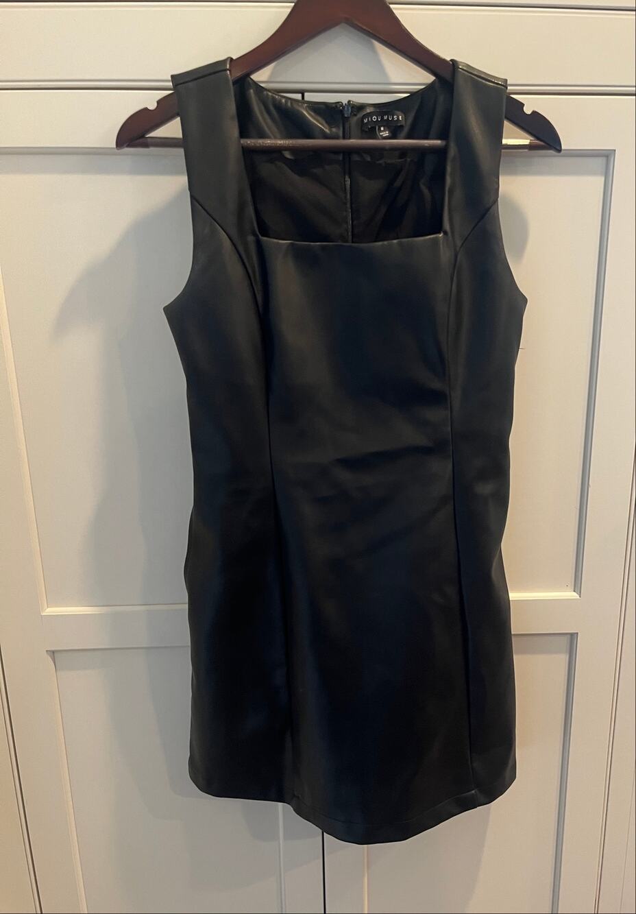 Miou Muse Vivi Black Faux Vegan Leather Square Neck Mini Dress Size Medium M